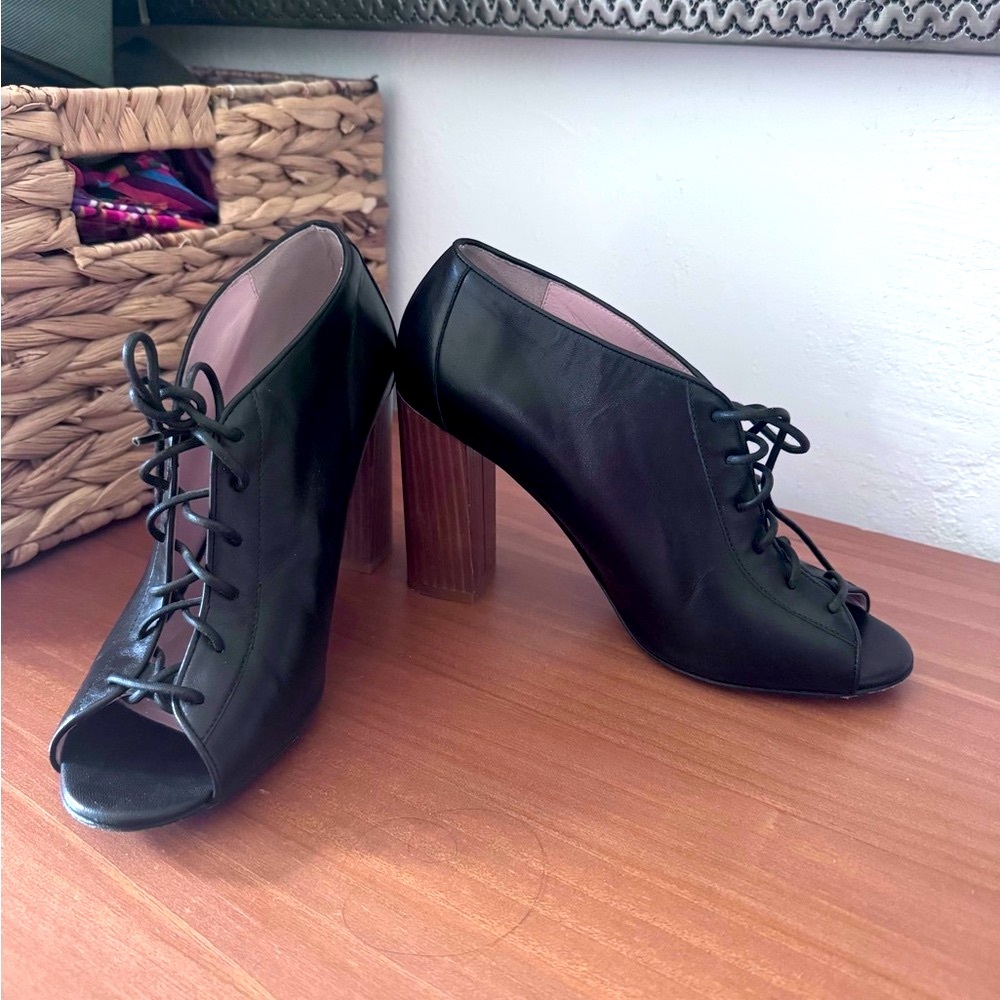 Kate Spade Black Leather Lace-Up Peep-Toe Heels